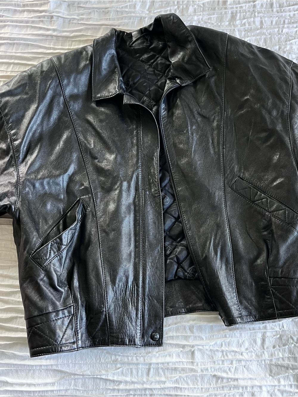 Women's Black Leather Bomber Jacket - Classic Quilted Lining